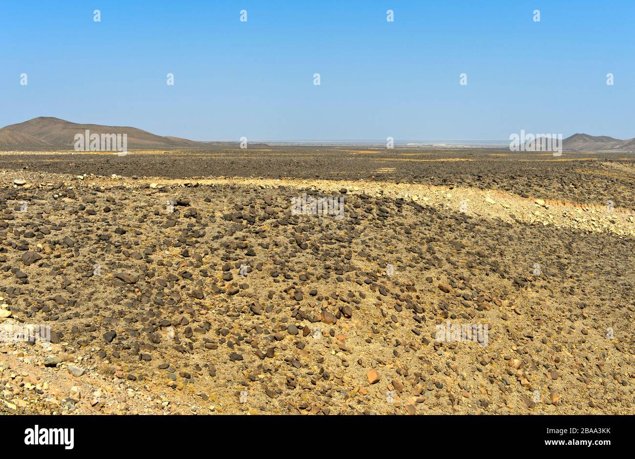 Blick über die aride, steinerne Ebene der Danakil-Depression unter dem Meeresspiegel, Afar-Region, Äthiopien Stockfoto