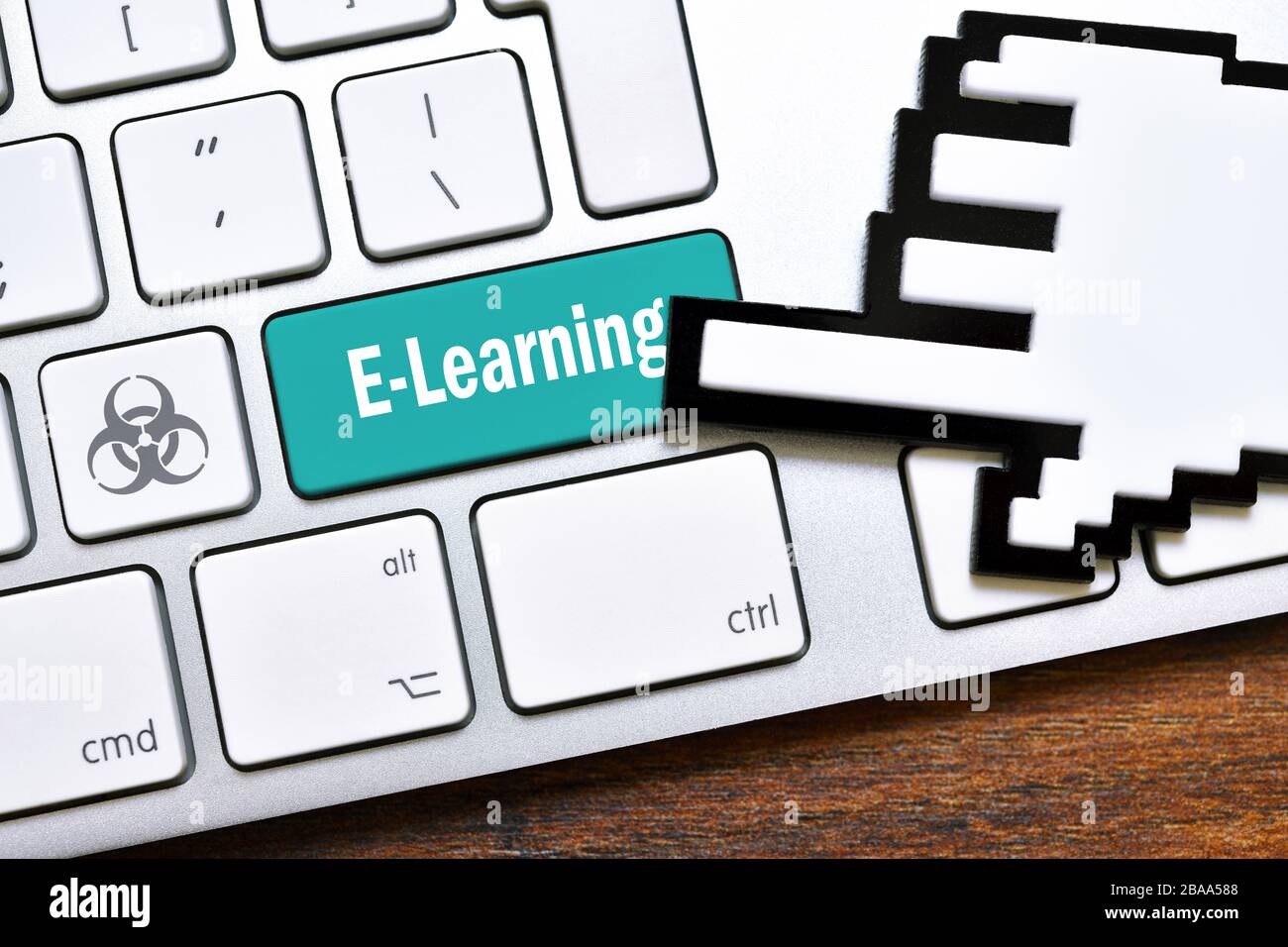 FOTOMONTAGE, Computerschlüssel mit dem Label E-Learning mit Biologiegefährdungszeichen, digitales Lernen in der Corona-Krise, FOTOMONTAGE, Computergeschmack mit d Stockfoto