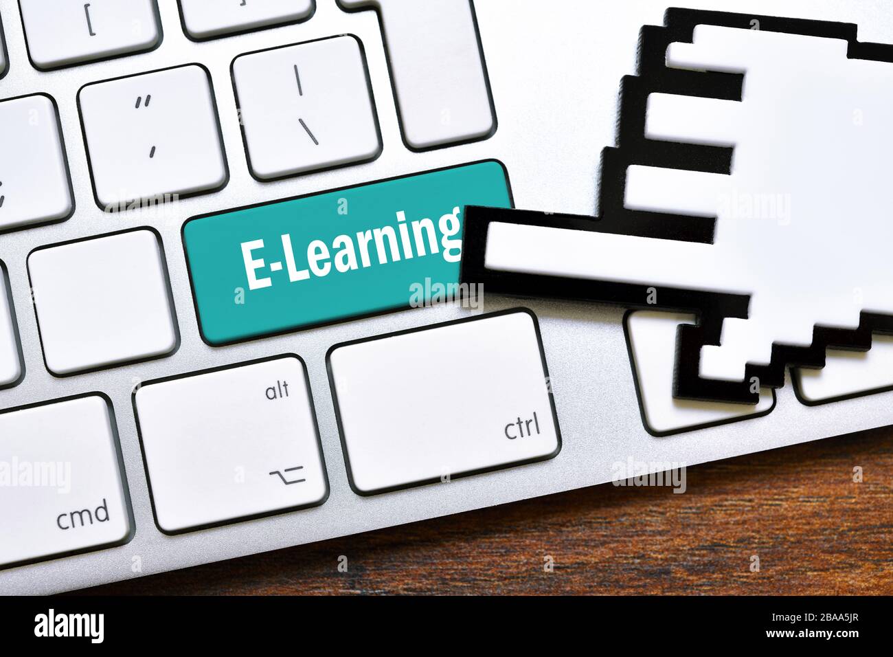 FOTOMONTAGE, Computerschlüssel mit dem Label E-Learning, FOTOMONTAGE, Computergeschmack mit der Aufgabe E-Learning Stockfoto