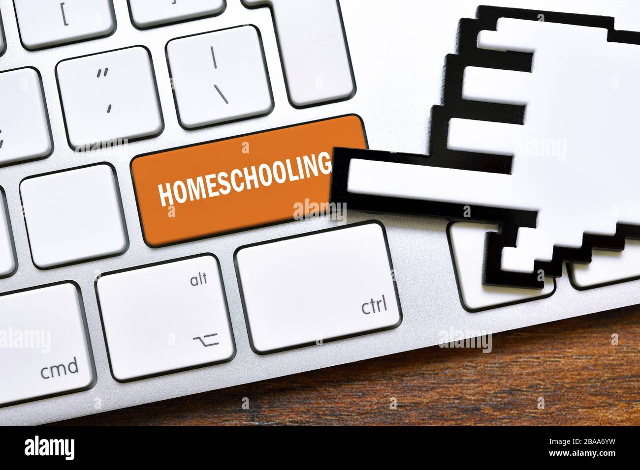 FOTOMONTAGE, Computerschlüssel mit dem Label Homeschooling, FOTOMONTAGE, Computergeschmack mit der Aufgabe Homeschooling Stockfoto