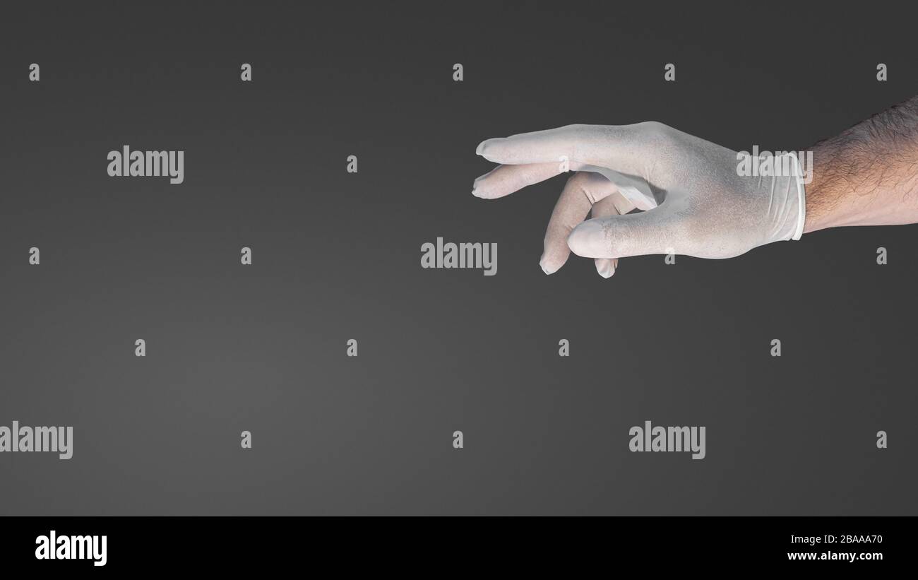 Banner mit Hand im medizinischen Handschuh, der versucht, etwas als Designkonzept zu berühren, mit Kopierraum für Text im grauen Hintergrund Stockfoto