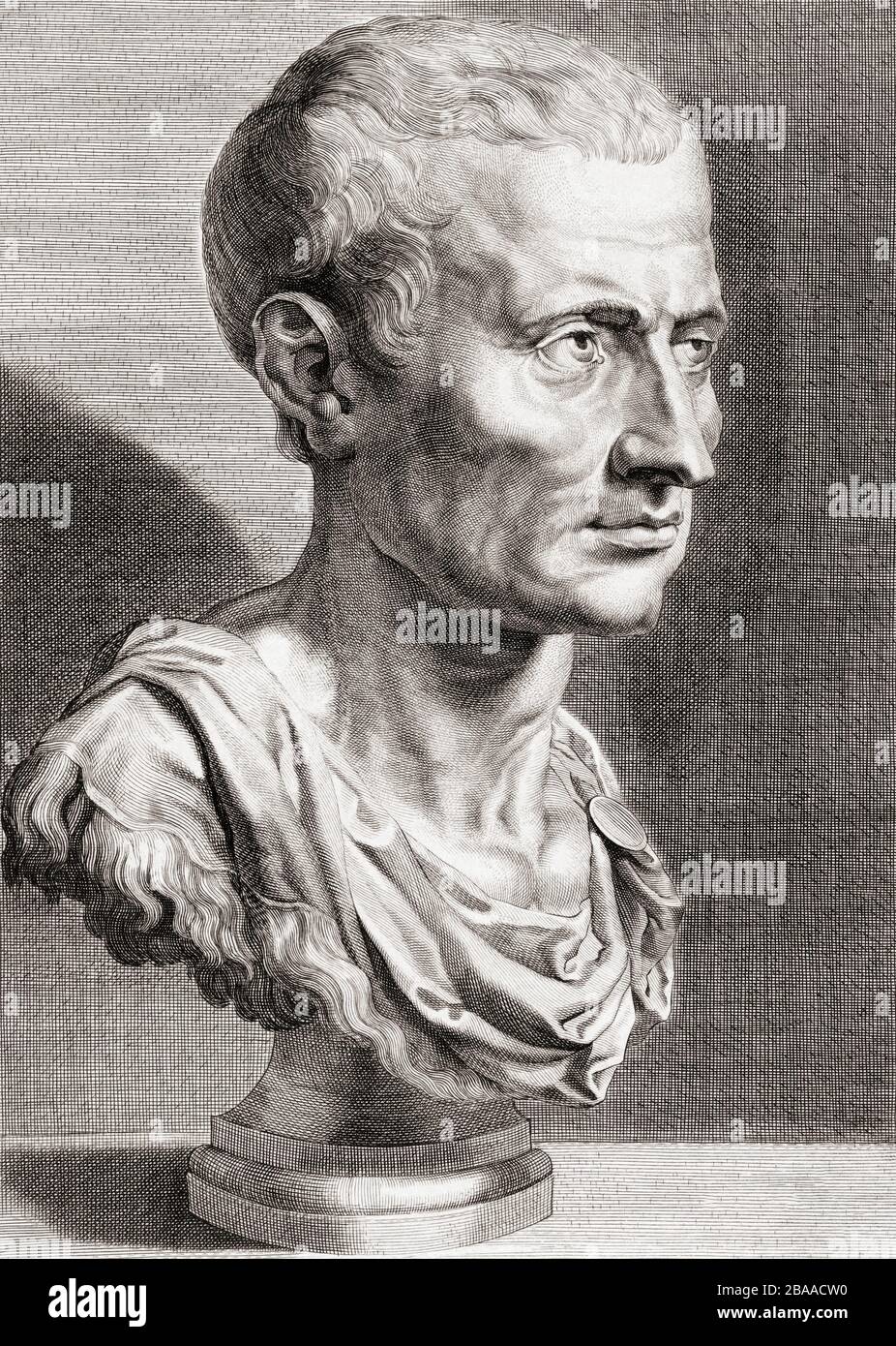 Gaius Julius Cäsar, 100 v. Chr. - 44 v. Chr. Der letzte Diktator Roms. Diese Gravur eines anonymen Künstlers nach einem Werk von Peter Paul Rubens wird manchmal als "Cicero" identifiziert. Das British Museum identifiziert das Thema als Julius Cäsar. Stockfoto