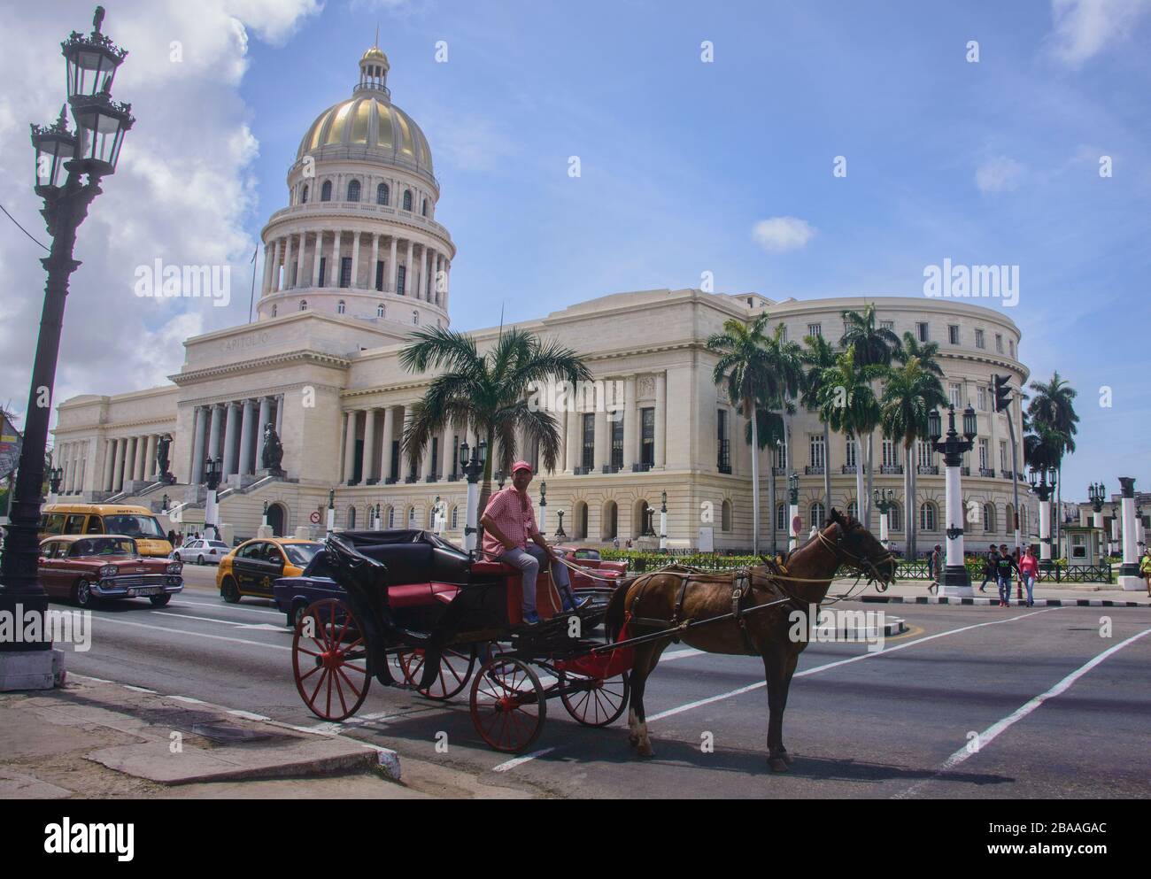 Pferdekutschenfahrten am Kapitolio-Gebäude, Havanna, Kuba Stockfoto