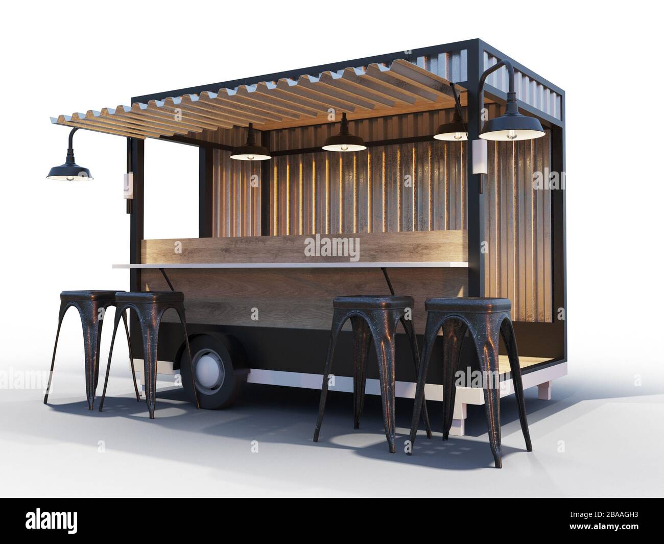 Trailer Food-Truck Mockup, klassischer Hot Dog-Markt Stockfoto