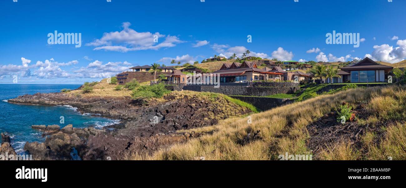 Häuser am Meer in Kawaihae, North Kohala, Hawaii Island, USA Stockfoto