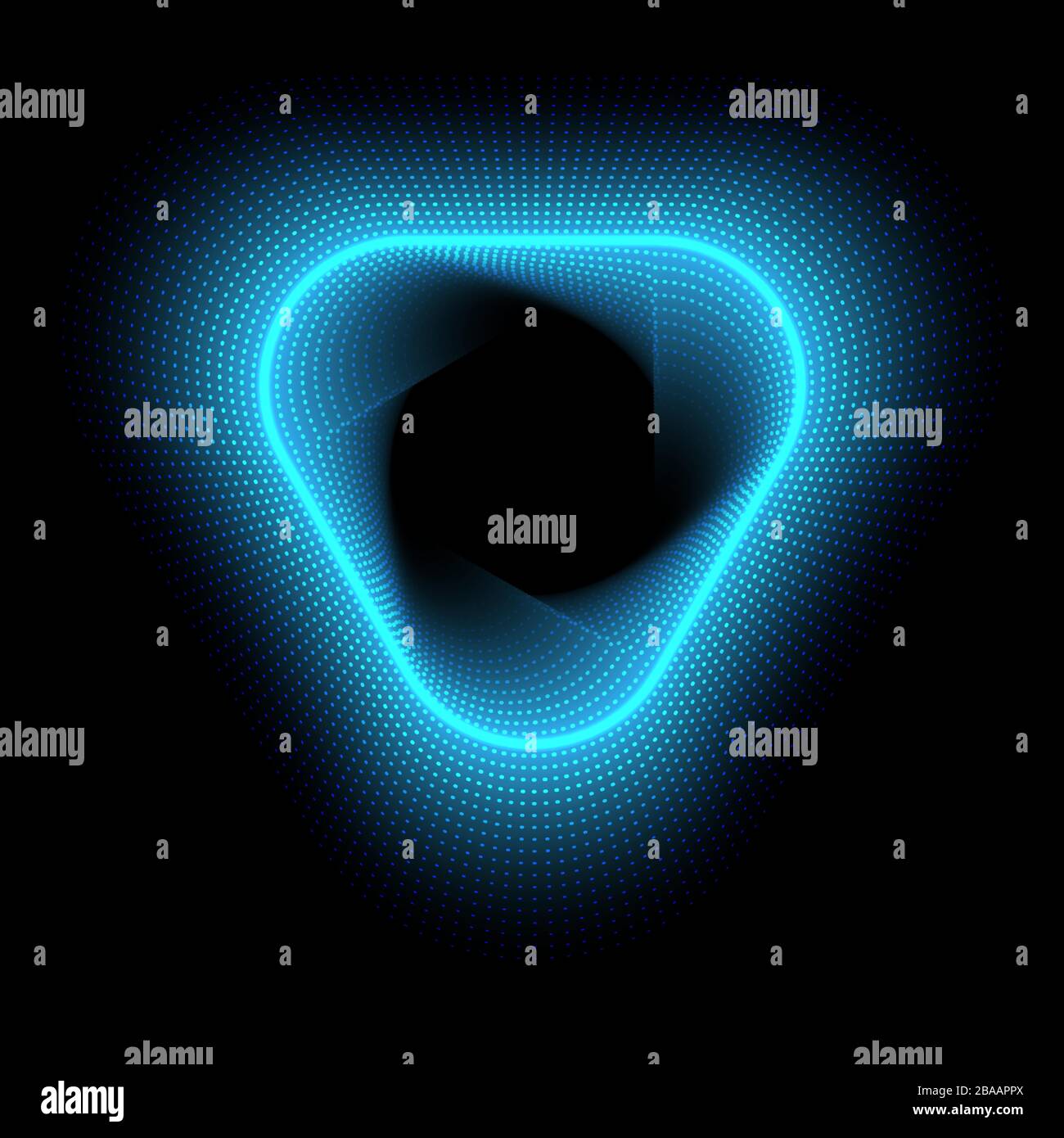 Abstrakt leuchtendes neonblaues Dreieck mit Punkten auf dunkelviolettem Hintergrund. Vektorgrafiken. Stock Vektor
