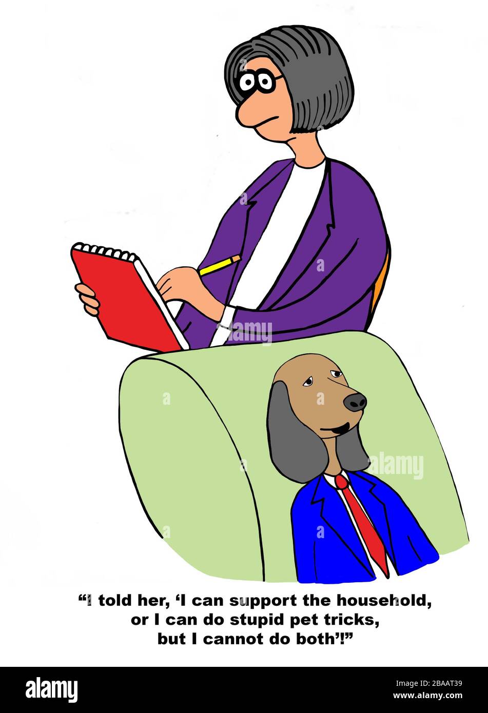 Farb-Cartoon eines Hundeehepaares, der psychologische Beratung bekommt, weil er mit Anfragen seiner Frau überfordert ist. Stockfoto