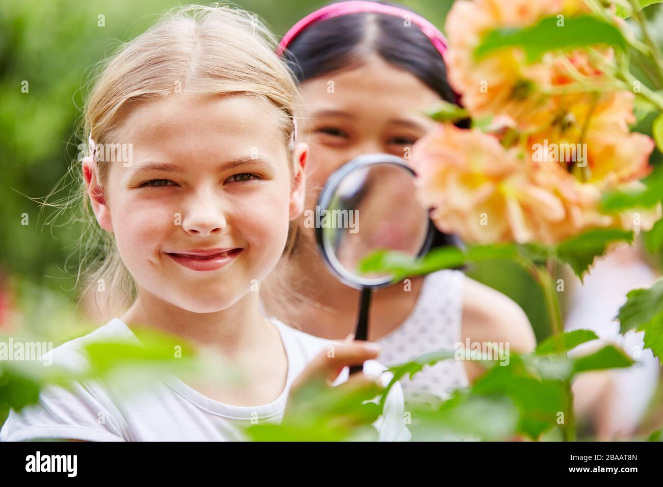 Glückliche Kinder recherchieren mit Lupe in der Natur auf einem Blatt Stockfoto