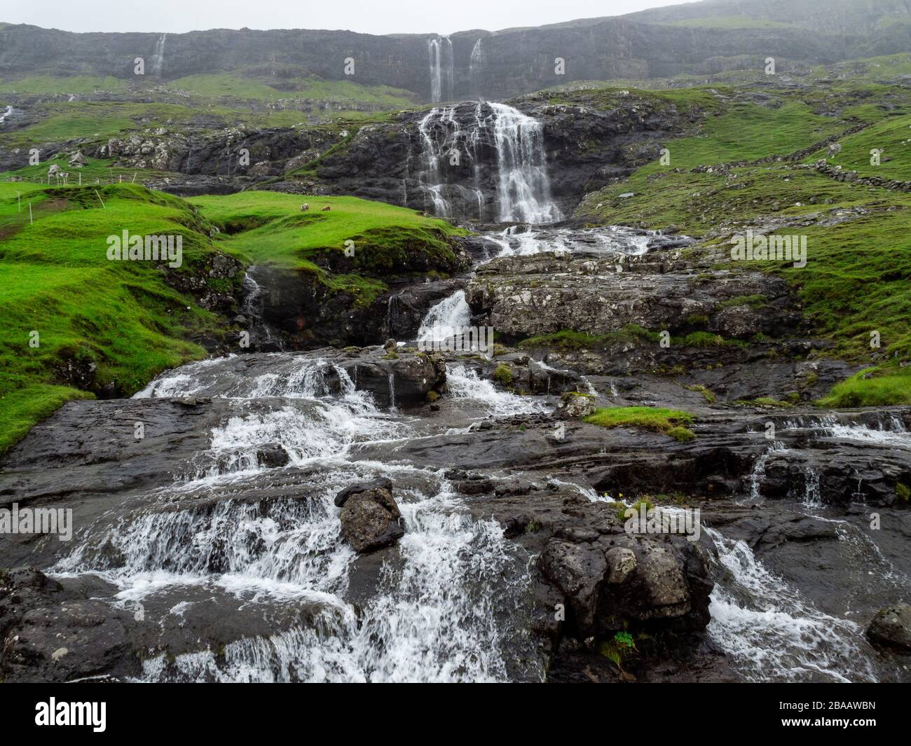 Die Färöer sind das Land der Wasserfälle, die grüne Felder durchschnitten und in den Ozean fallen. Stockfoto