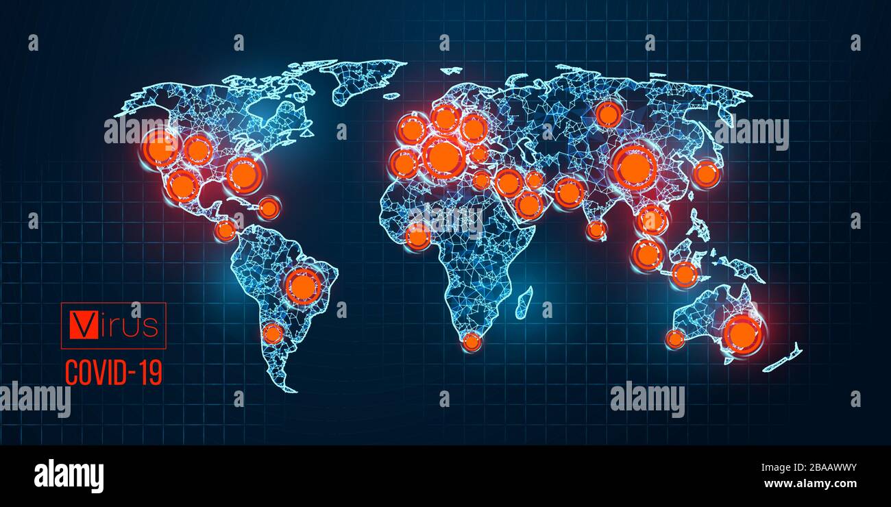 Weltkarte Roman pandemic coronavirus COVID-2019. Die Epidemie breitete sich von Land zu Land auf blauem Hintergrund aus. Analyse und Untersuchung eines neuen Virus. Die Erfindung von Stock Vektor