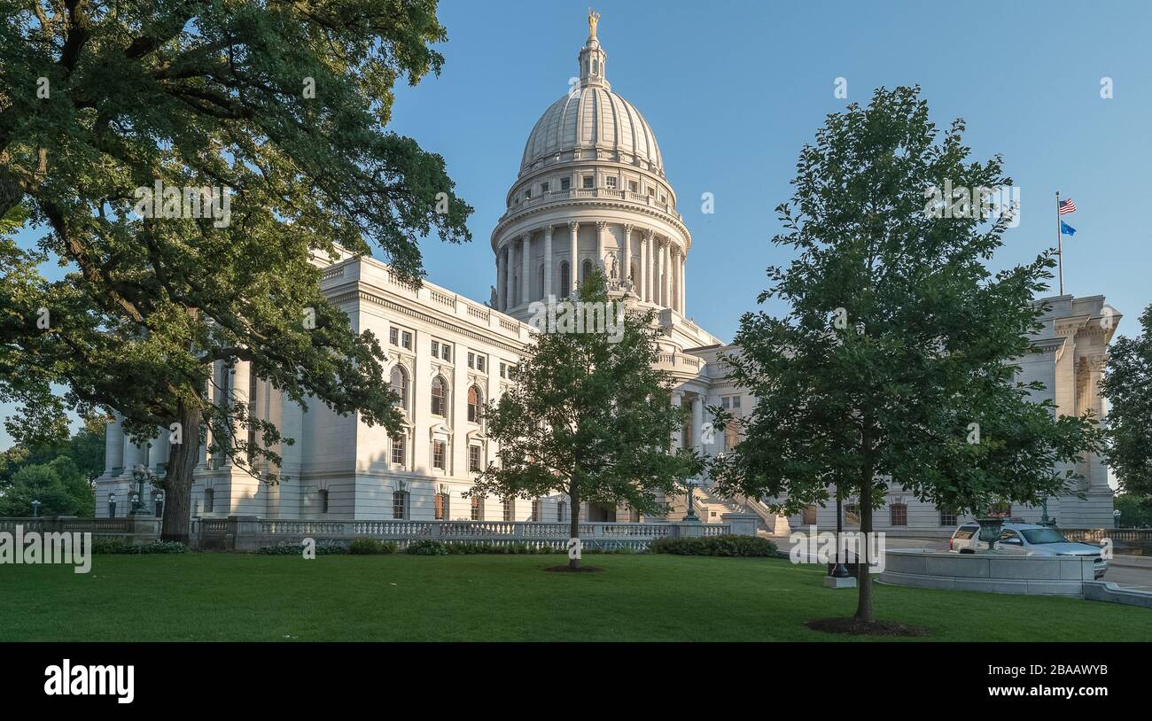 Blick auf das Kapitolgebäude von Wisconsin, Madison, Dane County, Wisconsin, USA Stockfoto