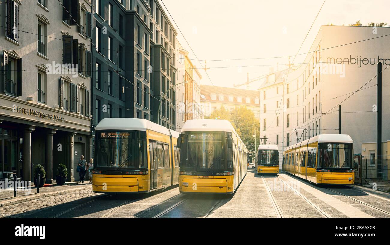 Vier gelbe Straßenbahnen der berliner Verkehrsbetriebe warten auf eine Weiterfahrt an einer Endstation Stockfoto
