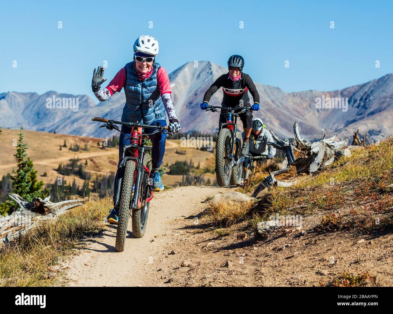 Mountainbiker auf der berühmten Monarch Crest Trail, entlang der Kontinentalen in Colorado Teilen, reiten in eine Spendenaktion für das Bündnis gegen Häusliche Stockfoto