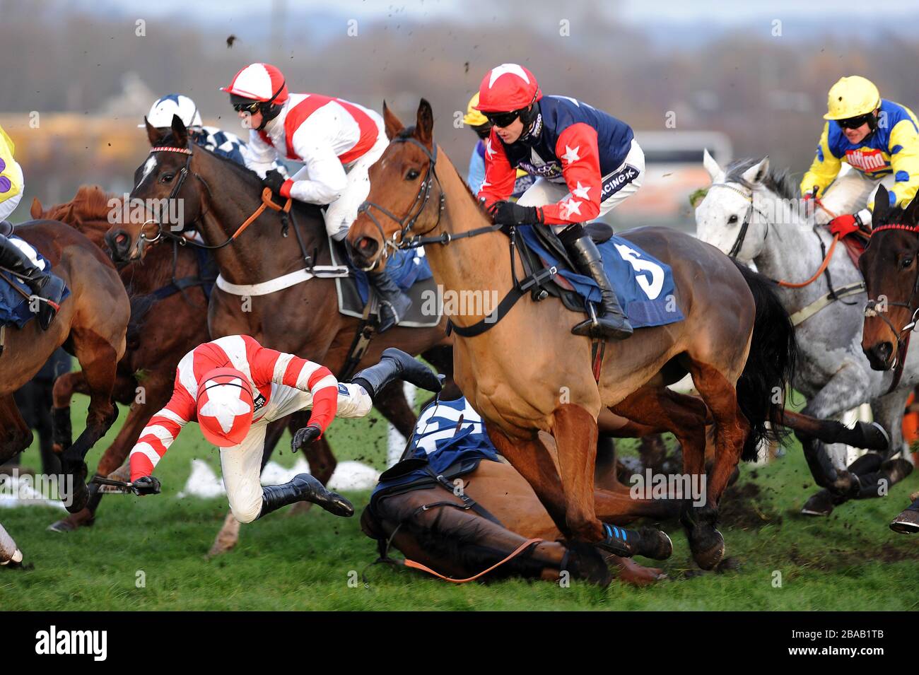 Curtain Razer, der von Ruby Walsh geritten wurde, fällt während des Pertemps Handicap Hürdenlaufs (Series Qualifier) Stockfoto