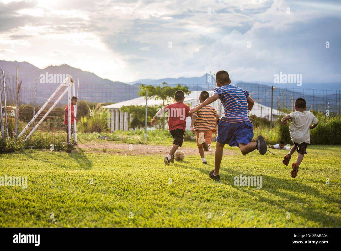 Eine Gruppe von Freunden, die vor Sonnenuntergang auf dem Rasen Fußball spielen. Stockfoto