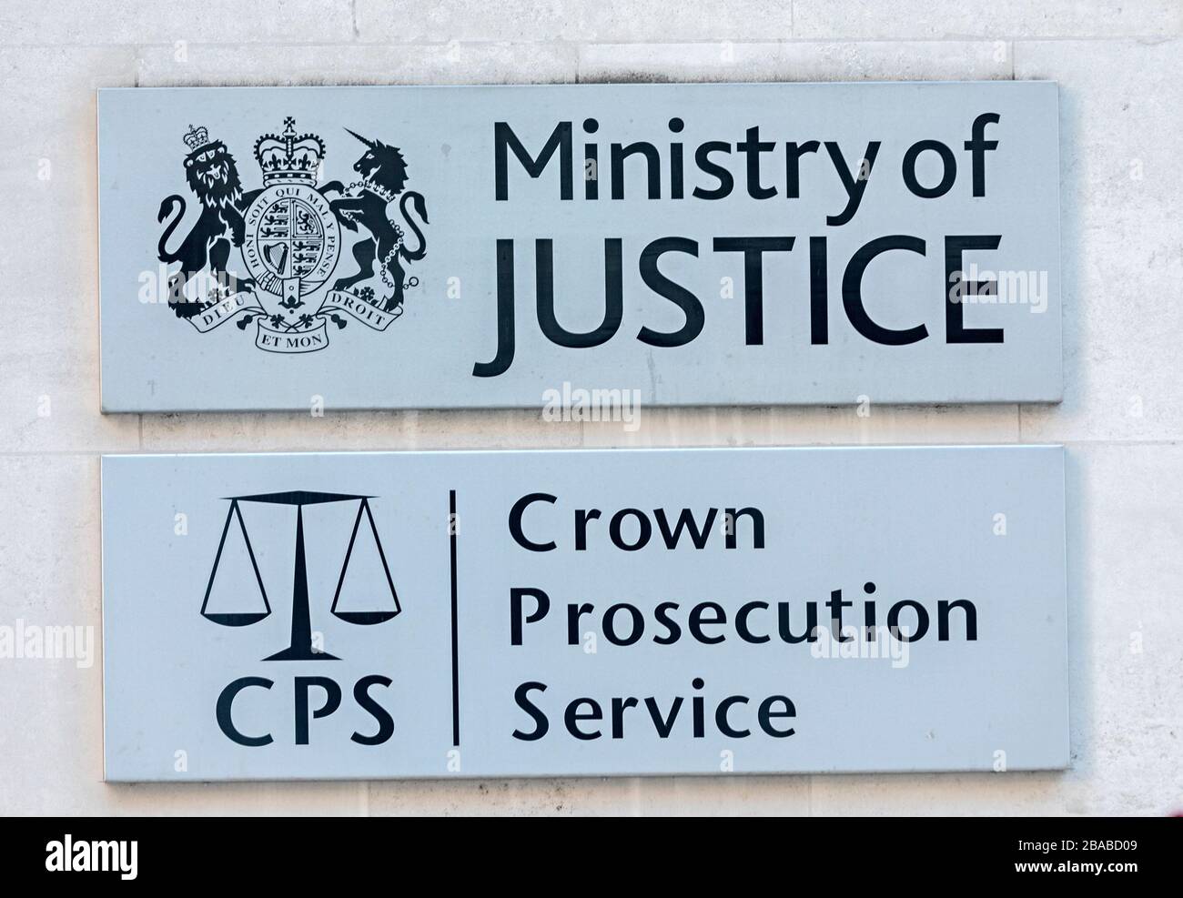 Justizministerium, Schild der Kronanwaltschaft, London, England, Großbritannien Stockfoto