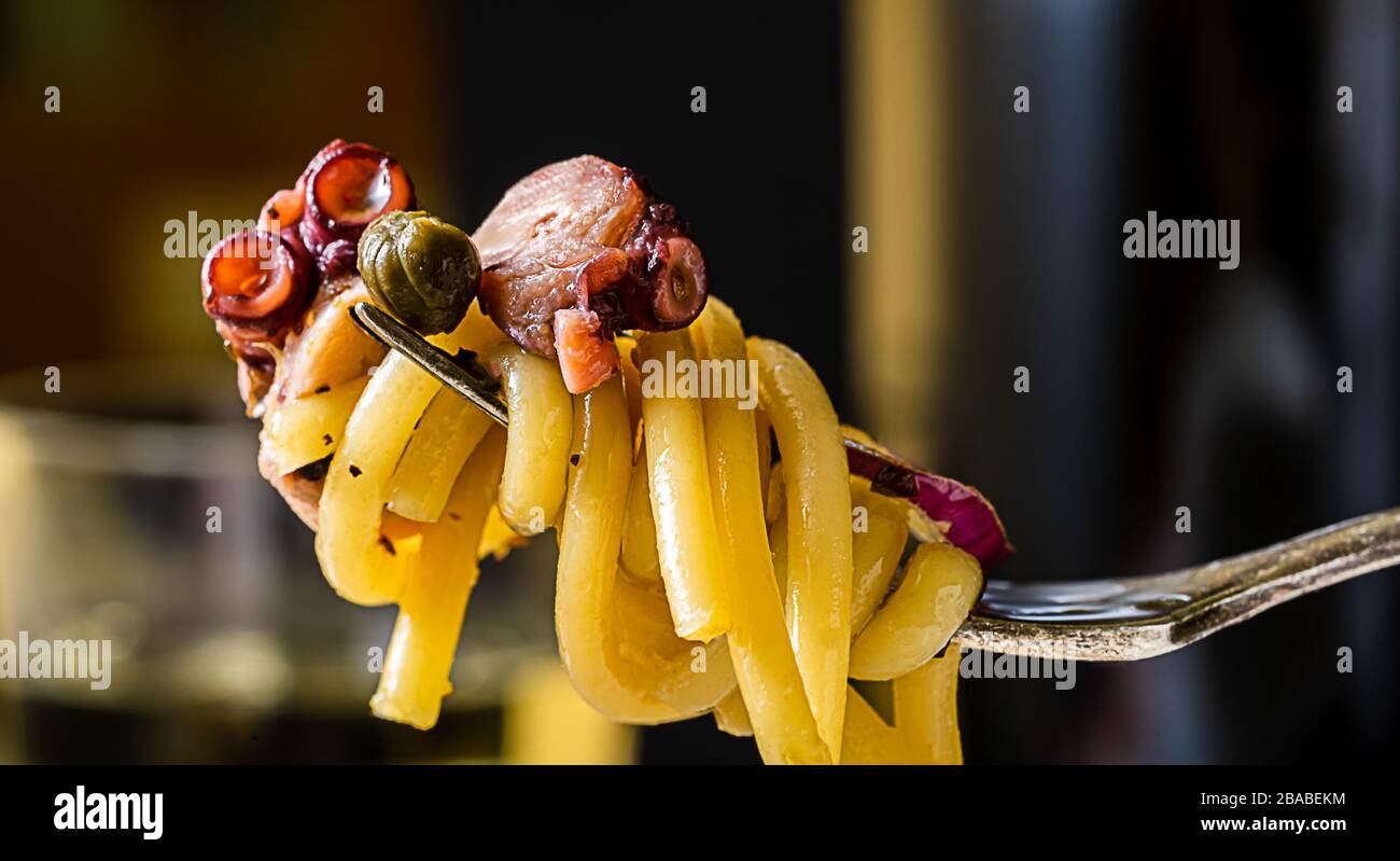 Gerollte Pasta auf einer Gabel mit Tintenfisch. Stockfoto