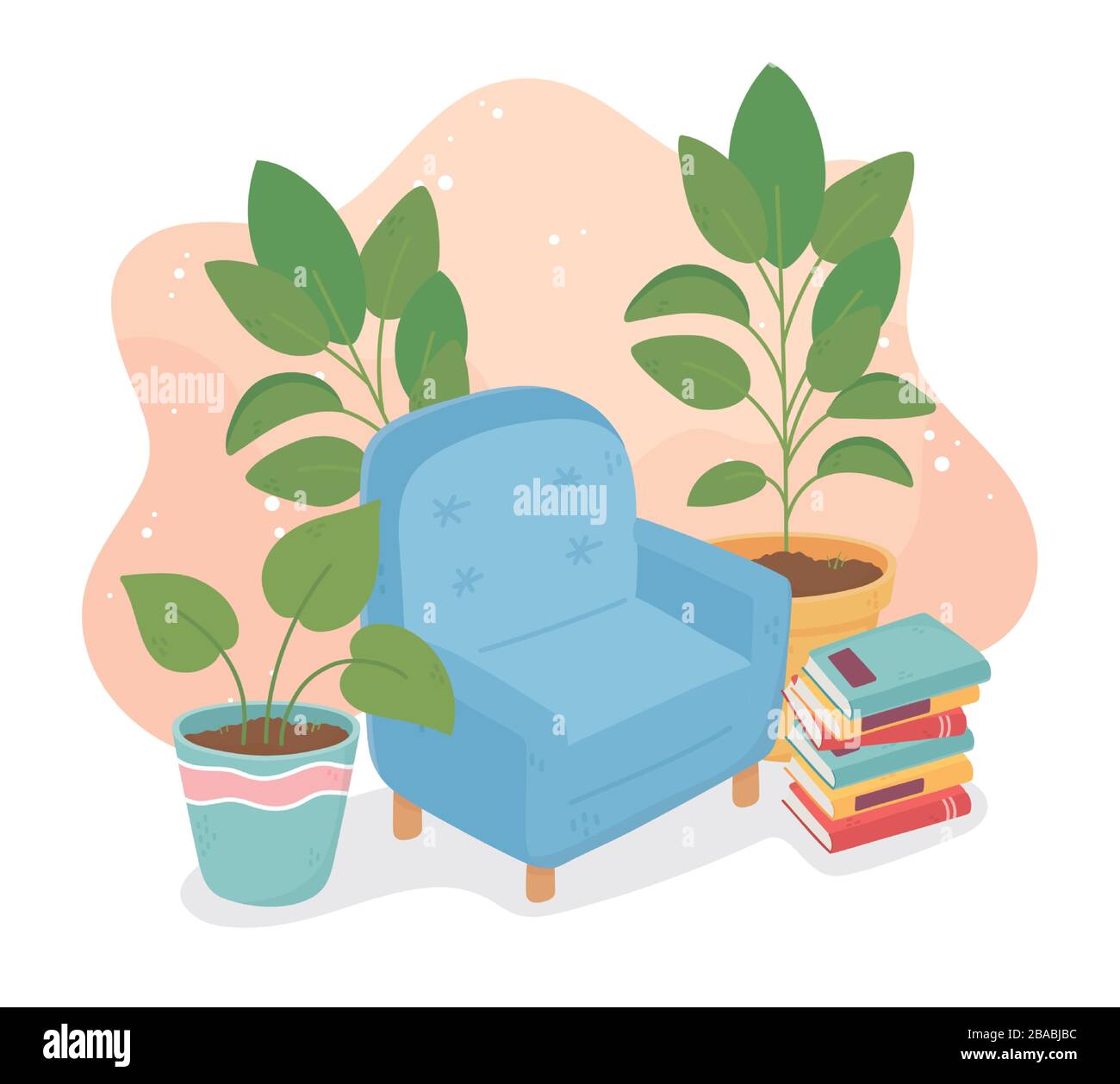 Sweet Home Sofa Topfpflanzen gestapelte Bücher Dekoration Vektor-Illustration Stock Vektor