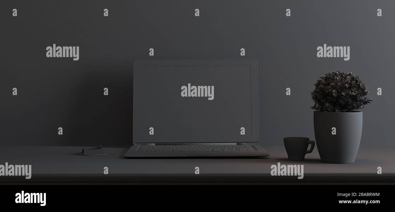 Arbeitsfläche Ständer verspotten mit Tisch und Werk, Laptop, Becher; Aufkleber Vorderseite einfarbiges 3D-Rendering Stockfoto Arbeitsfläche Ständer verspotten mit Tisch und Werk, Laptop, Becher; Aufkleber Vorderseite einfarbiges 3D-Rendering Stockfoto