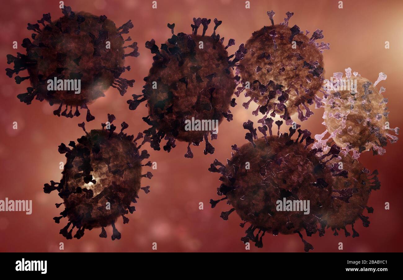 Coronavirus Kovid19 in der körpermikroskopischen Abbildung, 3D-Rendering auf der Grundlage von Fotos der Virusmikroskopie Stockfoto
