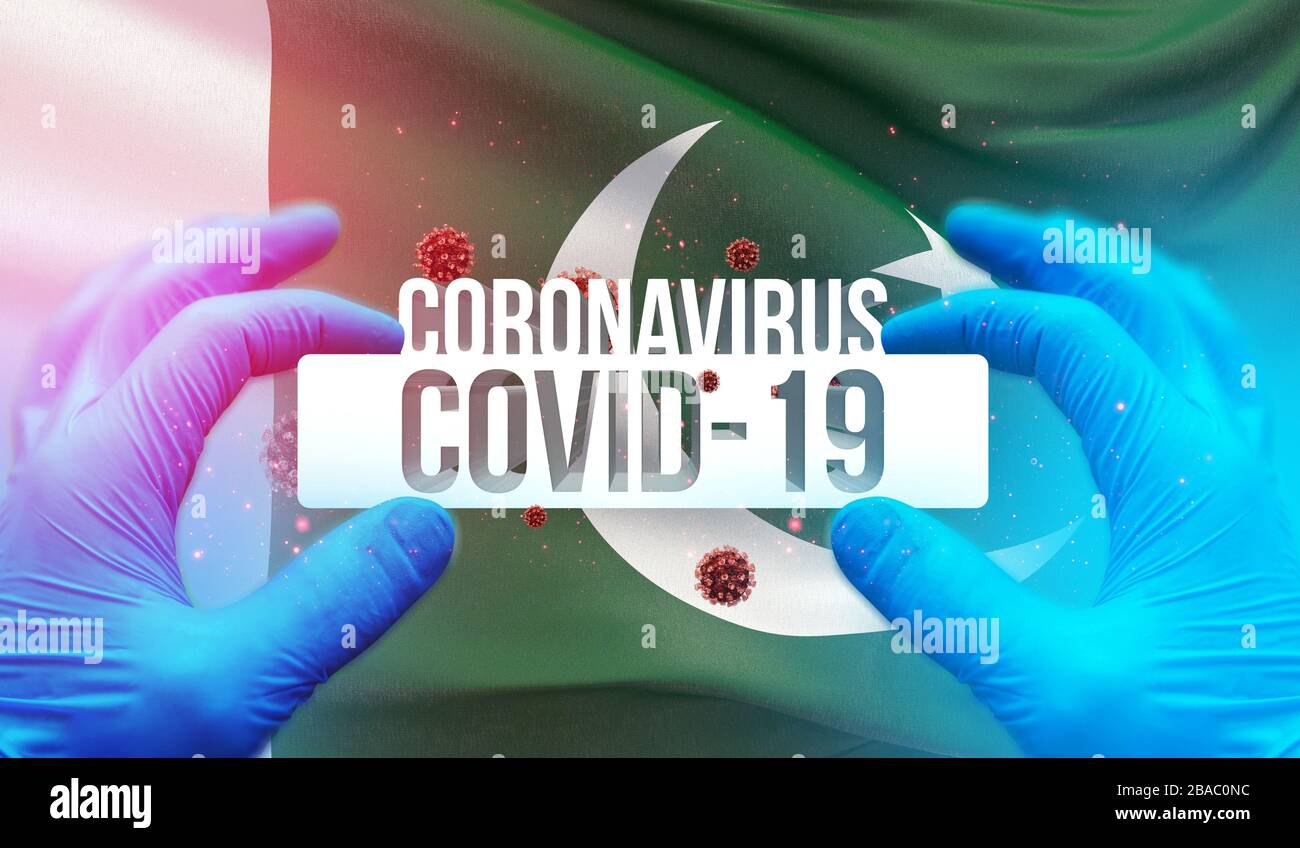 Neues Konzept des Coronavirus, das für den ausbruch der asiatischen Grippe und das Konzept der Coronaviren Influenza im Hintergrund mit der Flagge Pakistans respotfähig ist Stockfoto