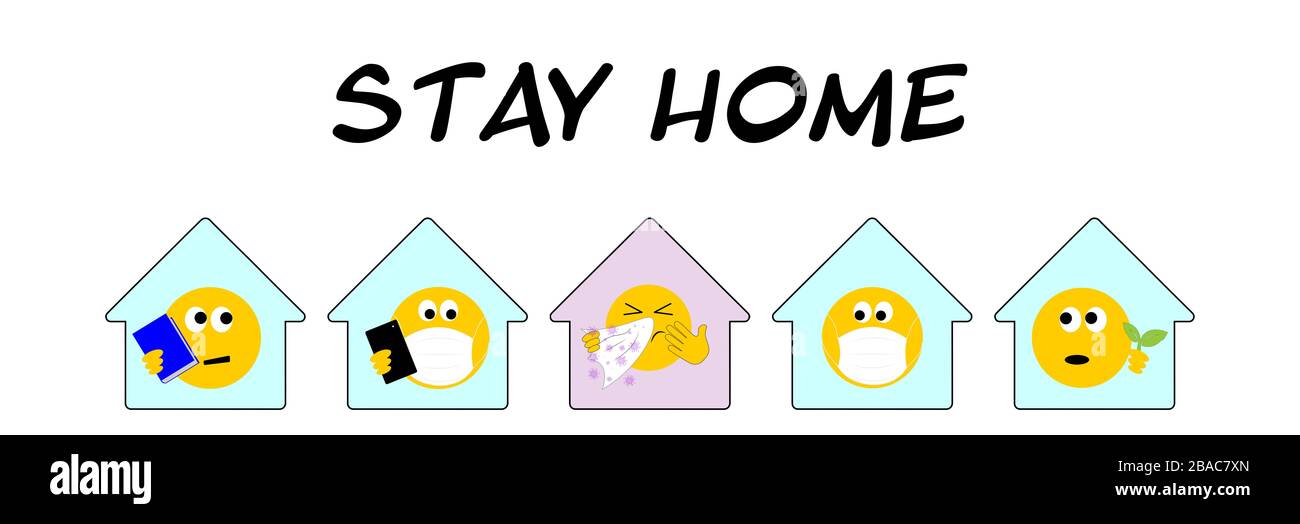 Eine Gruppe von Häusern mit Emojis, die zu Hause bleiben, Stay Home Text, Coronavirus, Covid19, Jugendkonzept Stockfoto