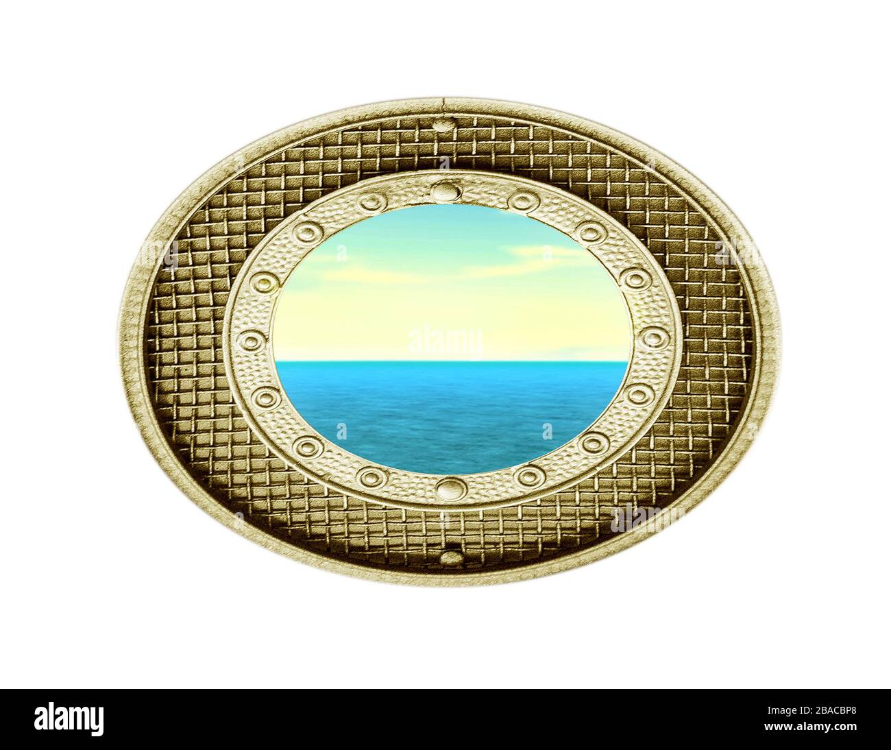 Ruhiger Ozean in isoliertem Vintage-Porthole Stockfoto