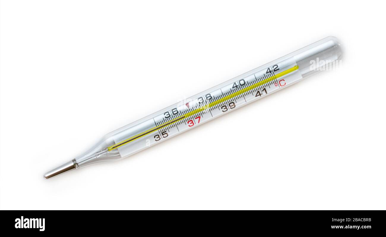 Mercury Classic Body Thermometer, das eine normale Temperatur von 36 anzeigt. 6 Grad celsius Stockfoto