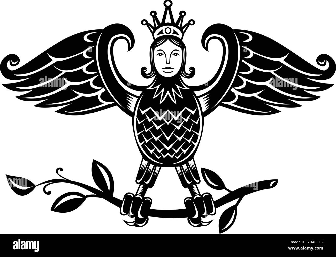 Retro-Stil Illustration einer Harpie, einer Halbmenschen- und Halbvogelpersonifikation von Sturmwinden, die als Vogel mit Kopf einer Jungfrau dargestellt wird, auf Ast Stock Vektor