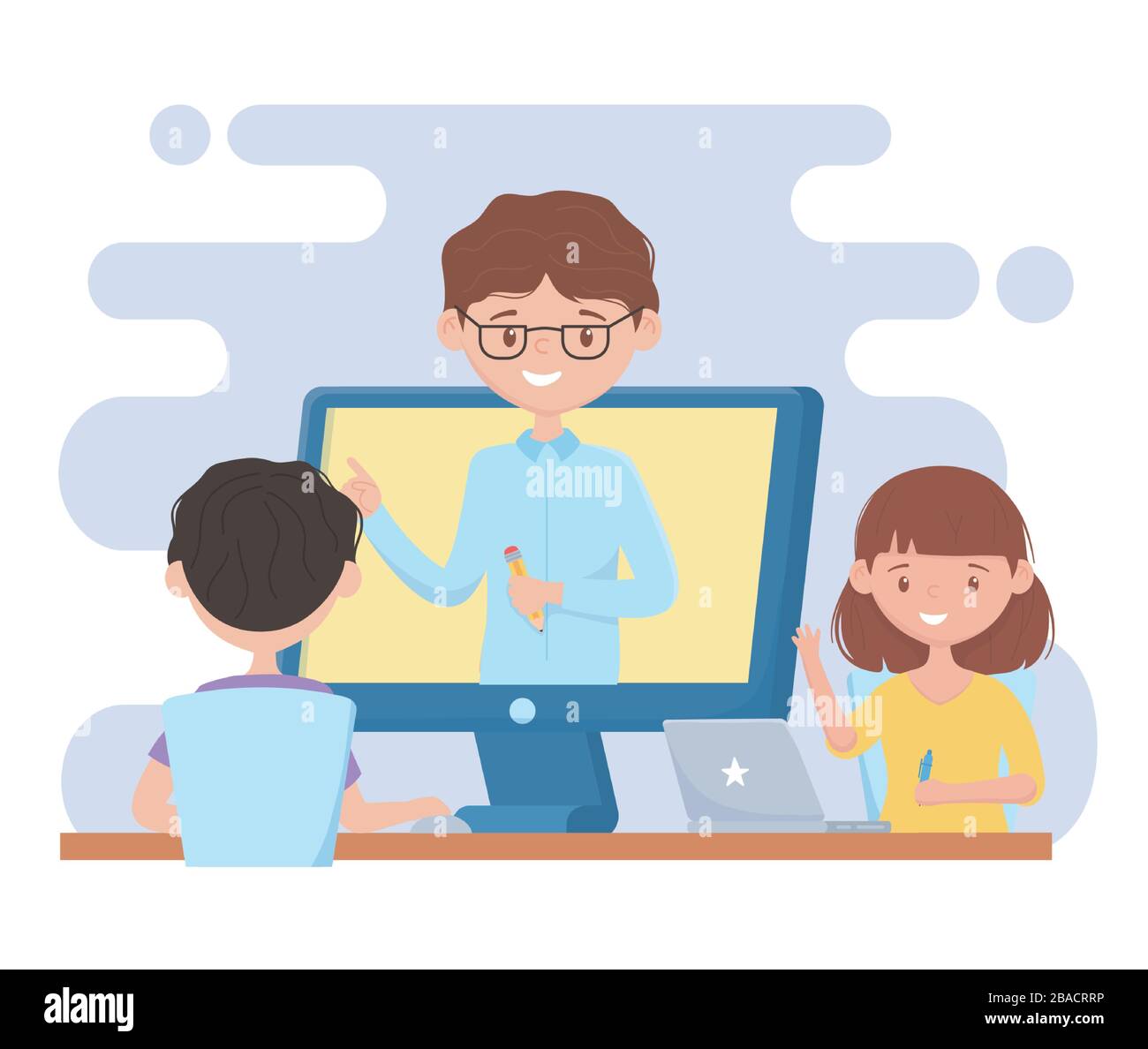 Online-Schulung von Schülern mit Laptop, die Vektorgrafiken von Lehrern ansehen Stock Vektor