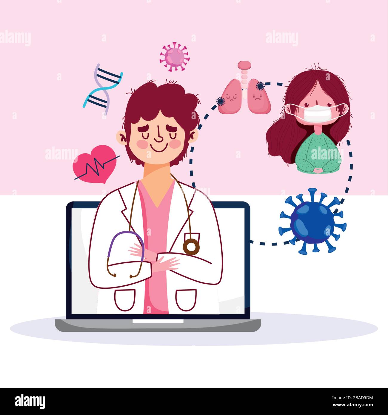 Online-Gesundheit, Arzt und Patient mit protektiver Maskenvektor-Illustration Kovid 19 Pandemie Stock Vektor