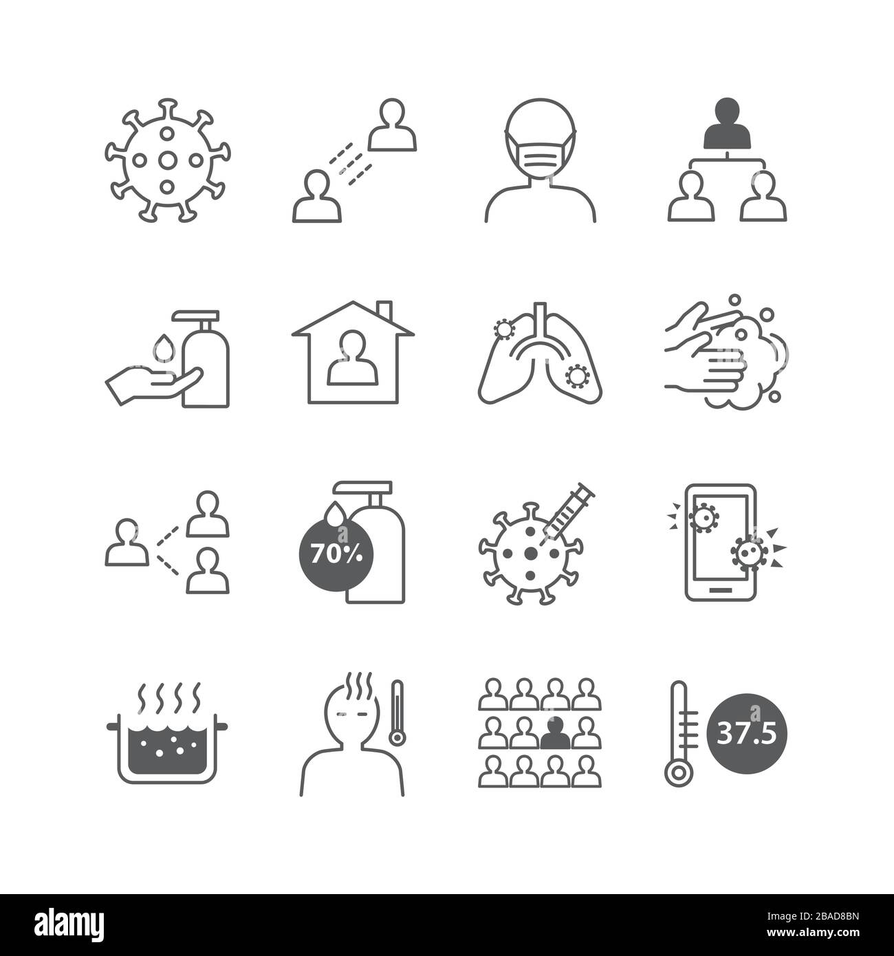 Symbole setzen Coronavirus Kovid-19-Design mit dünnen Linien. Stock Vektor