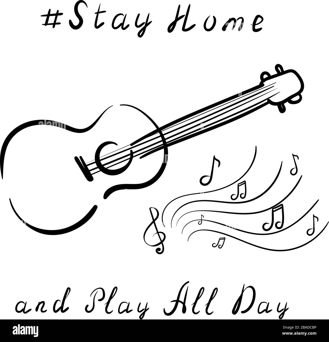 Ukulele Gitarre, Musik, Noten. Vektorgrafik. Coronavirus Poster Design. Bleiben Sie zu Hause und spielen Sie den ganzen Tag Stock Vektor