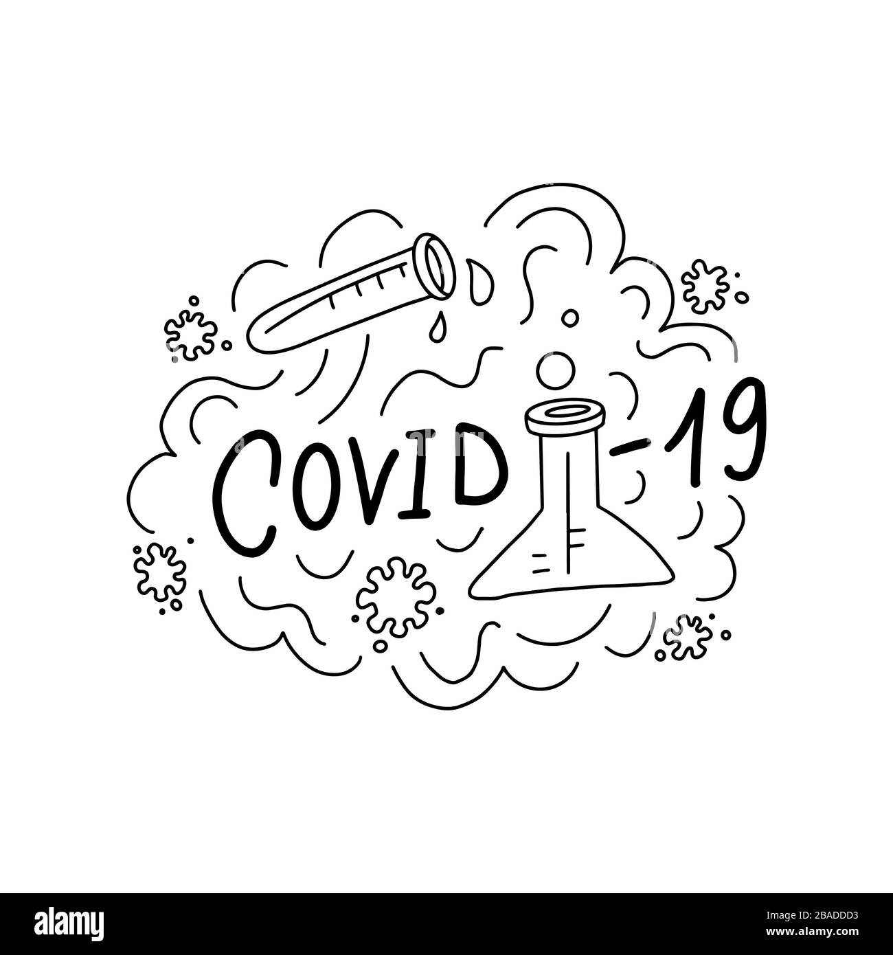 Covid-19-Vektorgrafiken. Grafikkonzept für Coronavirus Pandemie. Covid-19-Virus-Vektor-Text. 2019-nCoV. Medizinisches Labor, Schutzkonzept. Stock Vektor