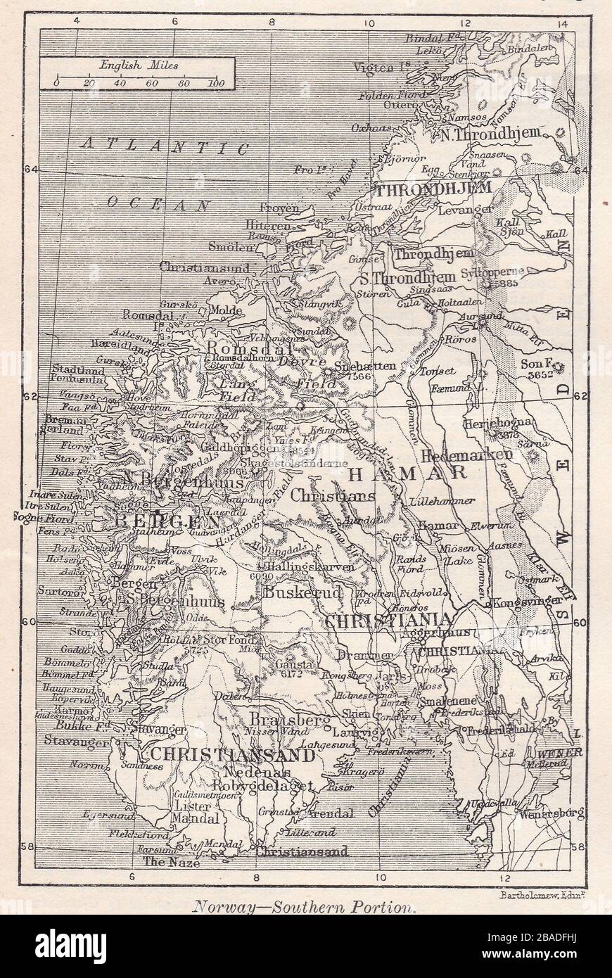 Jahrgangskarte von Norwegen - Südteil 1900s. Stockfoto