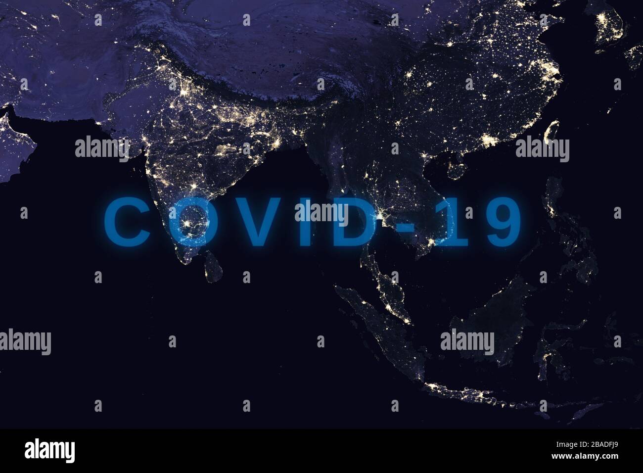 Coronavirus-Krankheit - glühendes COVID-19-Zeichen auf der Karte Südostasiens - Elemente dieses Bildes, das von der NASA eingerichtet wurde Stockfoto