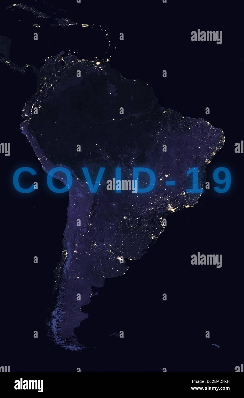 Coronavirus-Krankheit - glühendes COVID-19-Zeichen auf der Karte von Südamerika - Elemente dieses Bildes, das von der NASA eingerichtet wurde Stockfoto