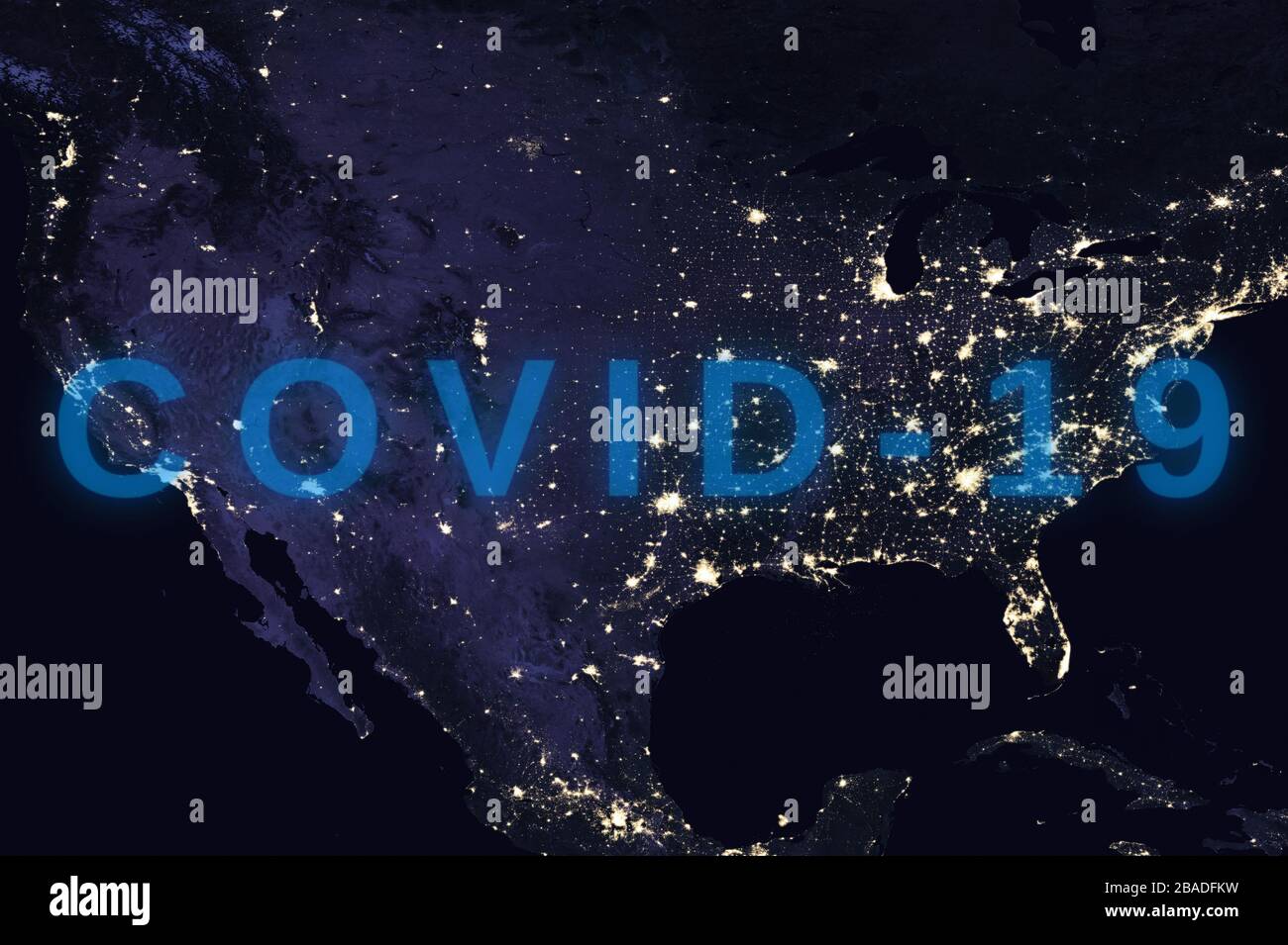 Coronavirus-Krankheit - glühendes COVID-19-Zeichen auf der Karte der USA - Elemente dieses Bildes, das von der NASA eingerichtet wurde Stockfoto