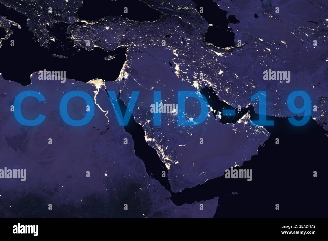 Coronavirus-Krankheit - glühendes COVID-19-Zeichen auf der Karte des Nahen Ostens - Elemente dieses Bildes, das von der NASA eingerichtet wurde Stockfoto