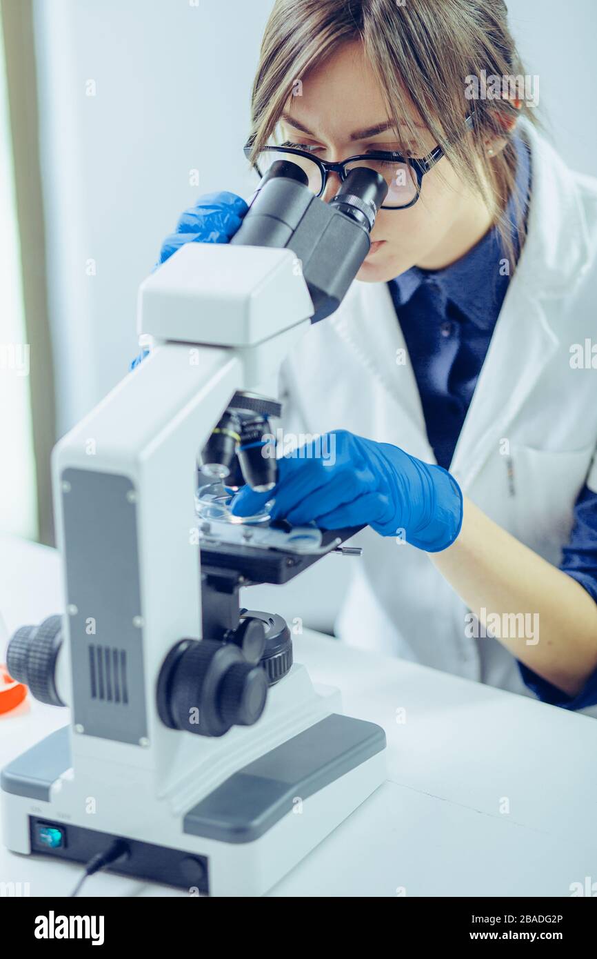 Junge Wissenschaftler durch ein Mikroskop in einem Labor. Junge Wissenschaftler tun etwas Forschung. Stockfoto