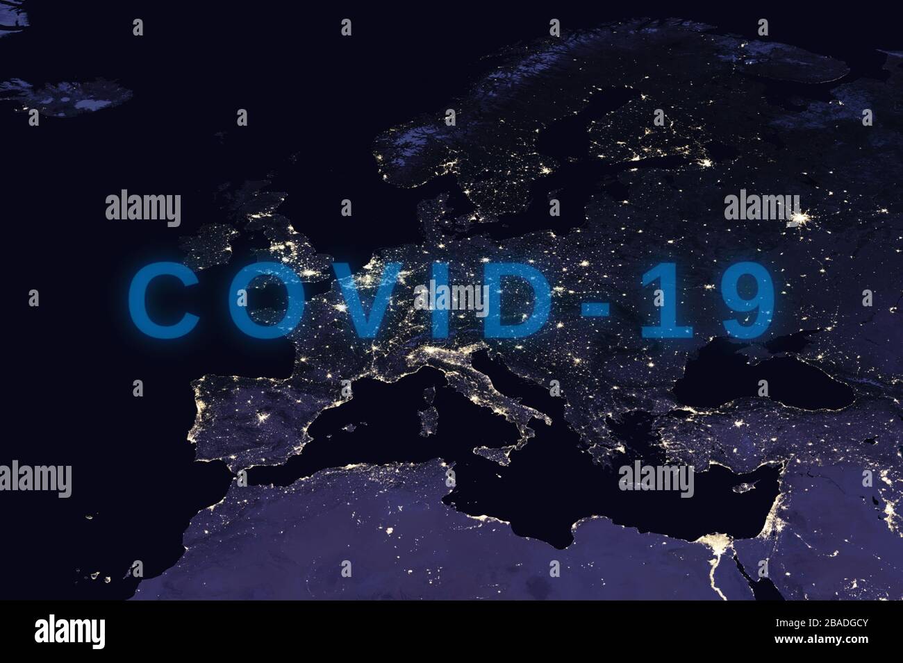 Coronavirus-Krankheit - glühendes COVID-19-Zeichen auf der Karte von europa - Elemente dieses Bildes, das von der NASA eingerichtet wurde Stockfoto