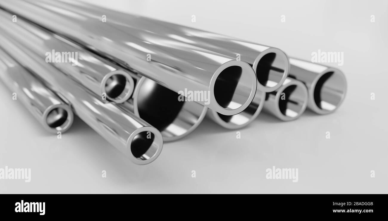 Rohre und Balken aus Chromstahl auf weißem Hintergrund 3D-Darstellung Stockfoto