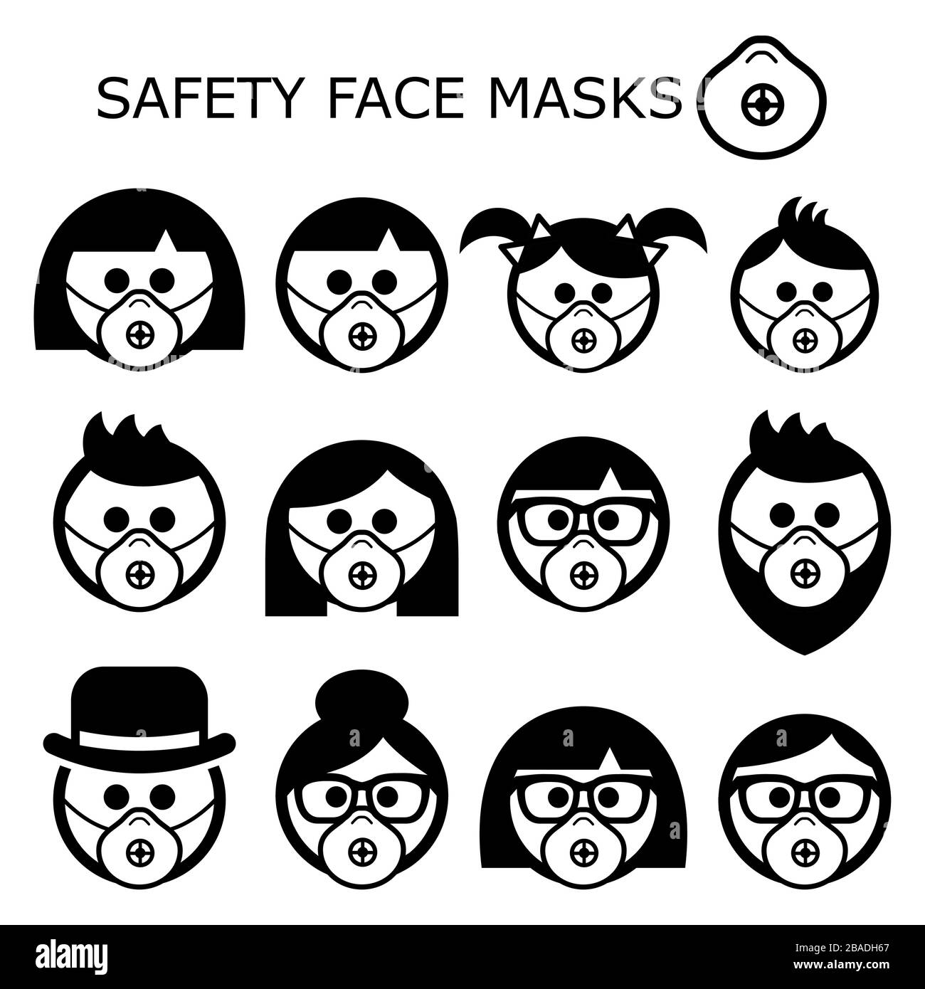 Menschen mit Sicherheitsmasken Vektorsymbole - Erwachsene, Kinder, Senioren, Masken, die getragen werden, um Krankheiten, Viren, Luftverschmutzung und kontaminierte Luft zu verhindern Stock Vektor