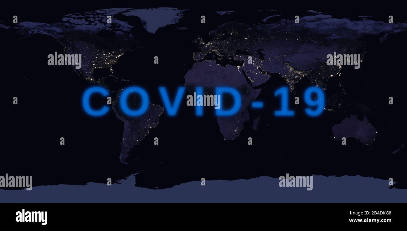 Coronavirus-Krankheit - glühendes COVID-19-Zeichen auf der Karte der Welt nachts - Elemente dieses Bildes, das von der NASA eingerichtet wurde Stockfoto