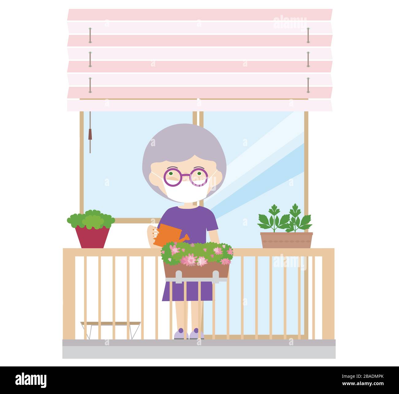 Illustration einer Rentnerin oder Seniorin auf einem Balkon mit einer Schutzmaske oder einem Schleier auf dem Gesicht. Kultivierte und wässerte Blumen und Kräuter - Vecto Stock Vektor