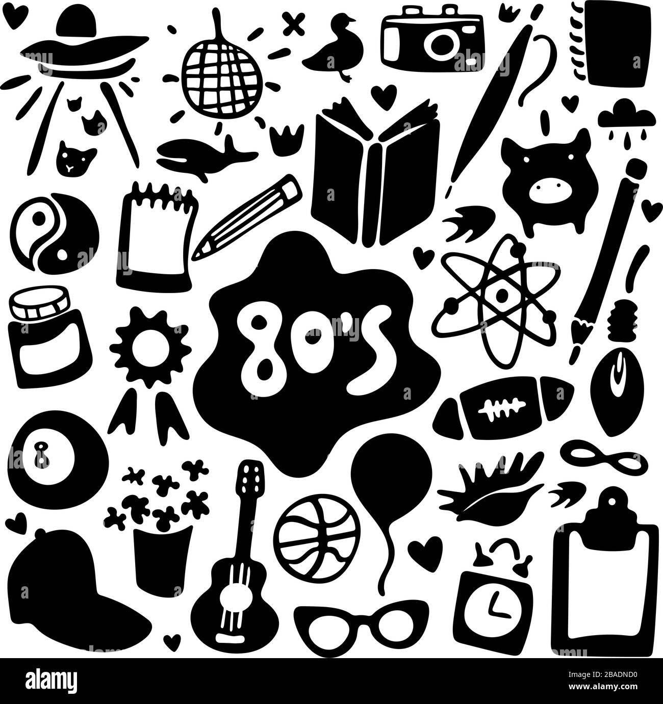 Achtziger. Schwarz-weiß lustiger Satz von Cartoon-Aufklebern und -Symbolen im Doodle-Stil. Aufkleber, Symbole, Emoji, Stifte oder Flecken im Comic-Stil der 80er Jahre Stock Vektor