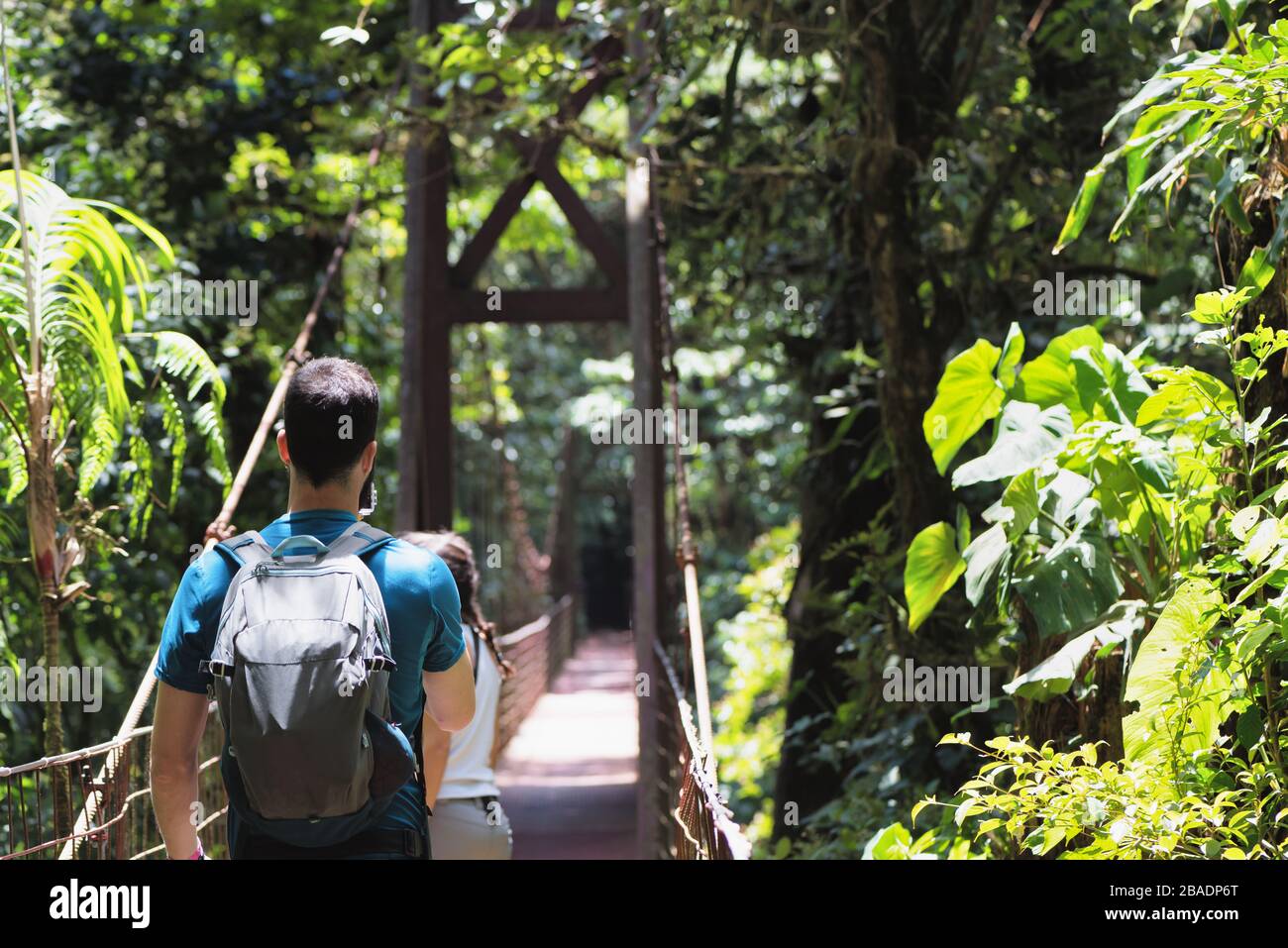 Touristen auf einer Hängebrücke, die einen üppigen tropischen Regenwald überquert. Monteverde foresta nebulosa, Santa Elena, Costa Rica. Ökotourismuskonzept. Stockfoto