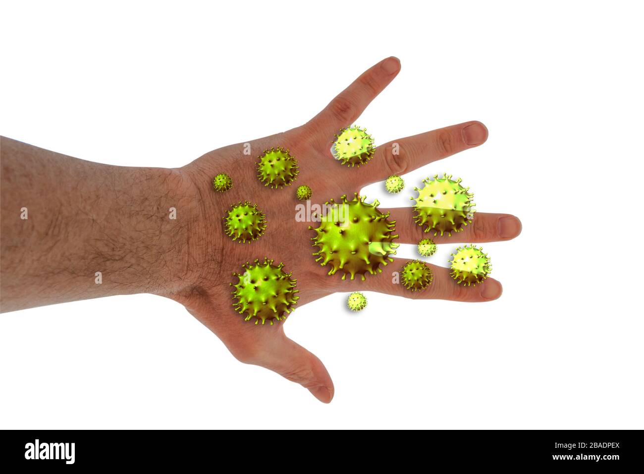 Details der männlichen Hand mit 2019-nCoV- oder Covid 19-NCP-Viruszellen oben, isoliert auf weißem Hintergrund. Kontaminationskonzept. Die Hände sind die primären Stockfoto