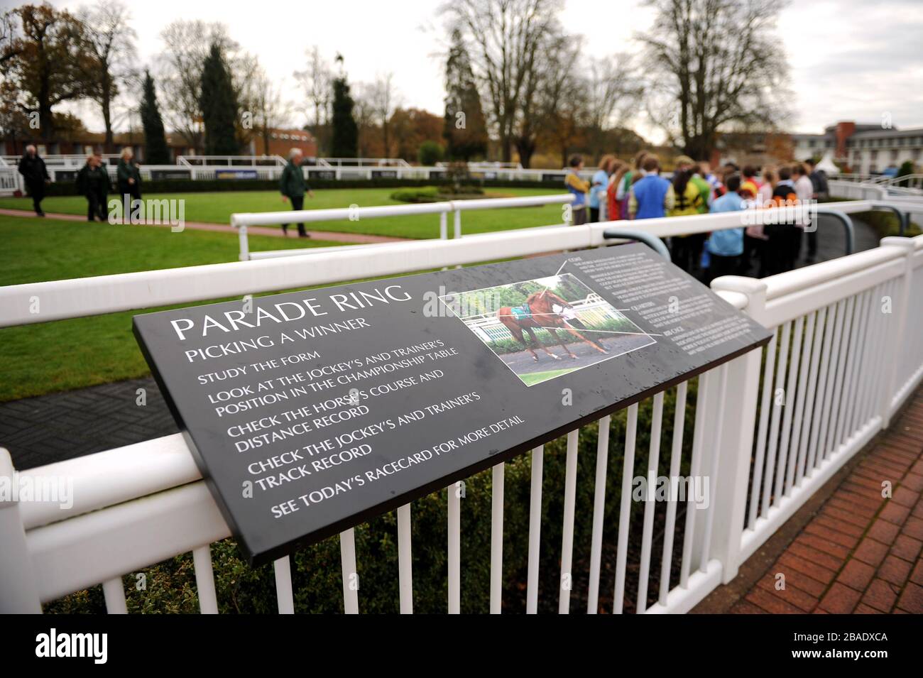 Ein allgemeiner Blick auf die Beschilderung am Paradering im Lingfield Park Stockfoto