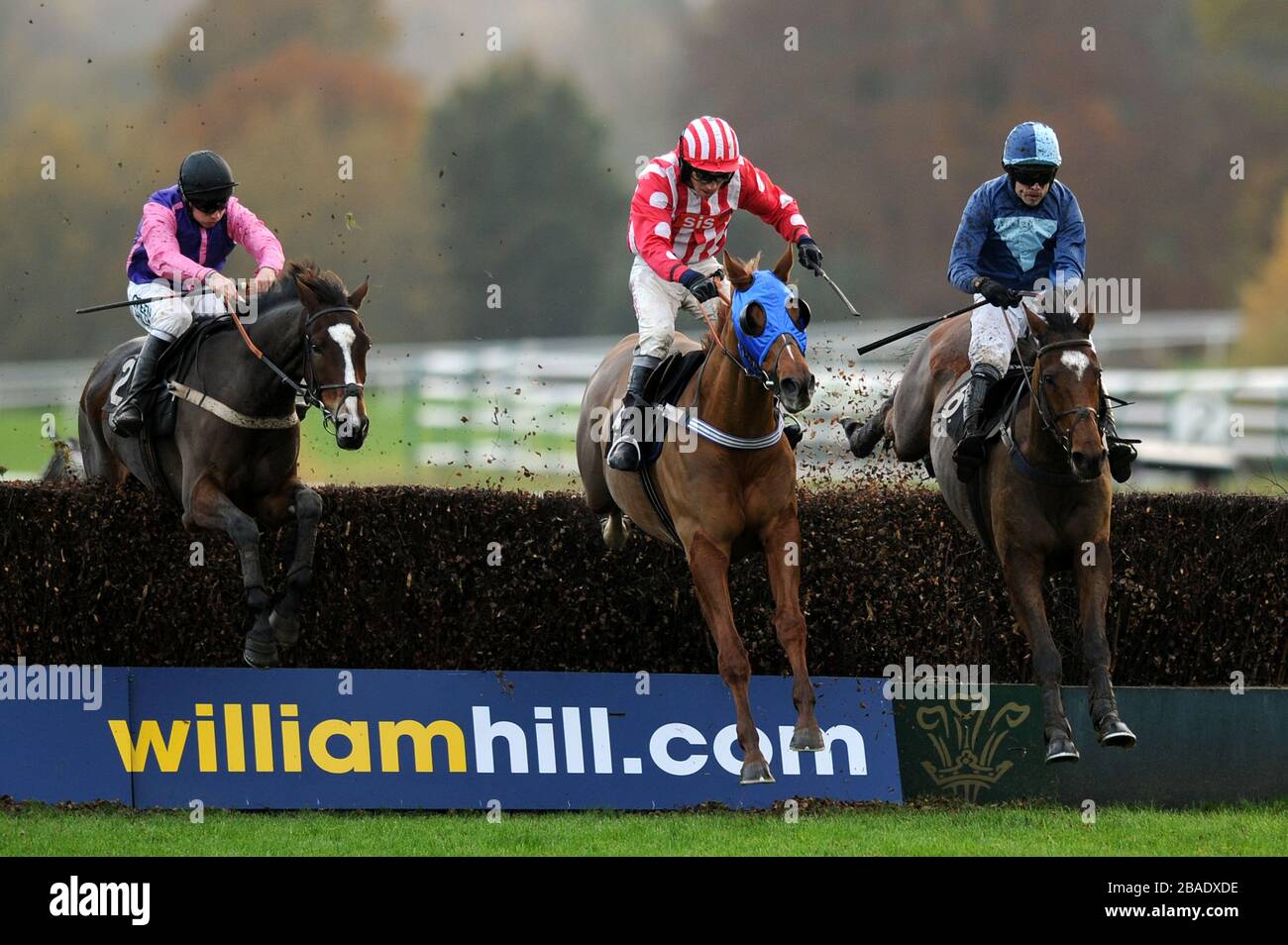 Morestead, geritten von Leighton Aspell (Mitte), cranky Corner geritten von Sam Thomas (rechts) und Lord Singer geritten von Jamie Moore springen einen Zaun während der William Hill Priority Prices Handicap Chase Stockfoto